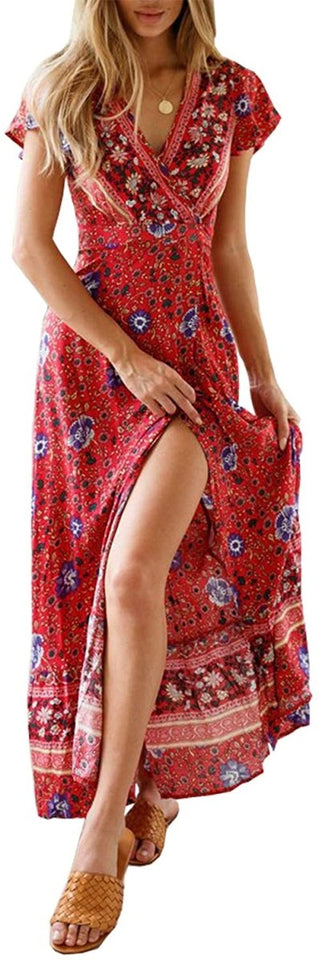 Women’s V Neck Wrap Vintage Floral Print Short Sleeve Split Belted Flowy Boho Beach Long Dress - Easy Pickins Store