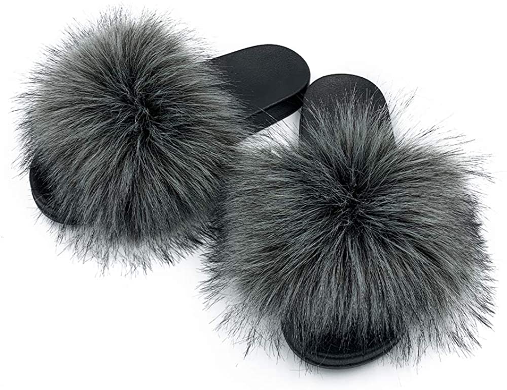 Womens Vegan Fur Slippers Fluffy Fuzzy Open Toe Slides Flip Flop - Easy Pickins Store