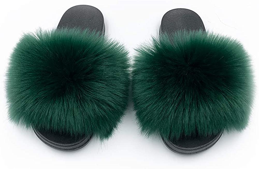 Womens Vegan Fur Slippers Fluffy Fuzzy Open Toe Slides Flip Flop - Easy Pickins Store