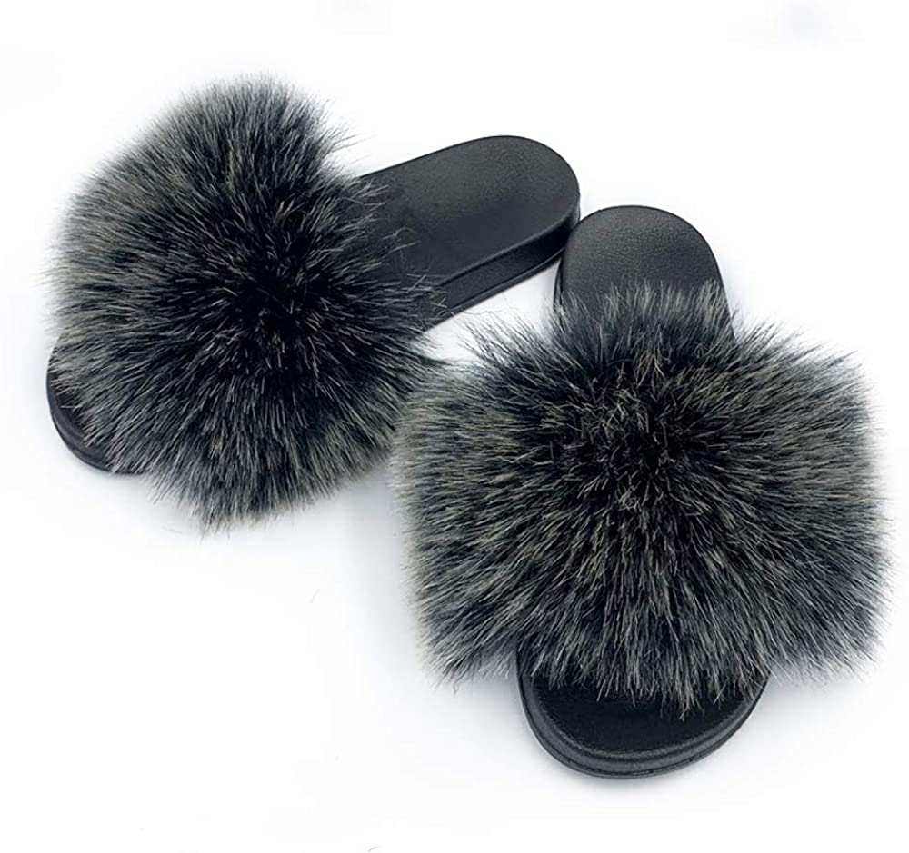 Womens Vegan Fur Slippers Fluffy Fuzzy Open Toe Slides Flip Flop - Easy Pickins Store