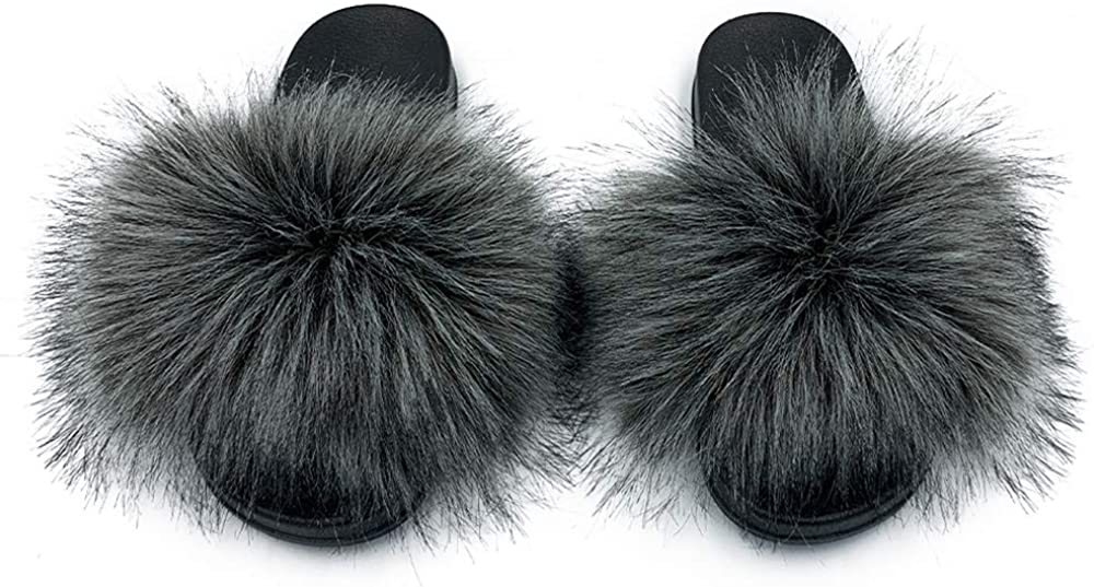 Womens Vegan Fur Slippers Fluffy Fuzzy Open Toe Slides Flip Flop - Easy Pickins Store
