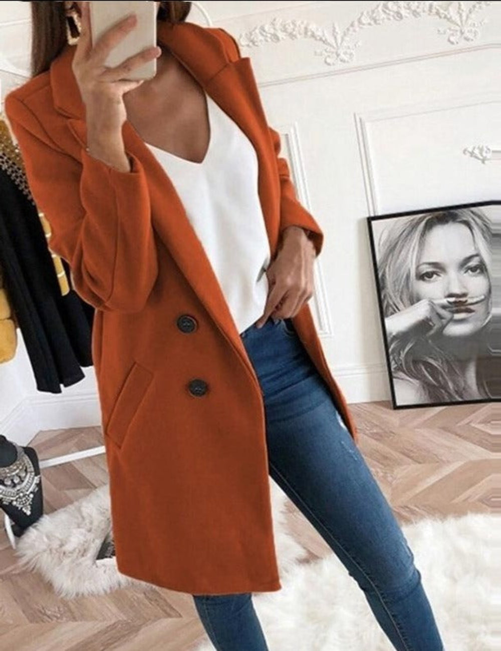 Wool Double Breasted Long Sleeve Coat - Easy Pickins