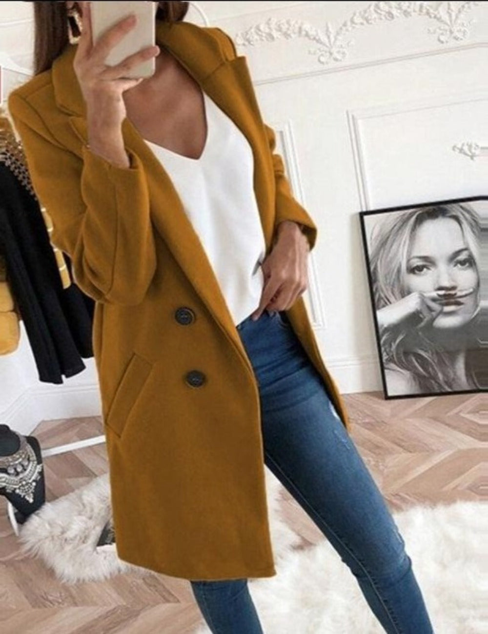 Wool Double Breasted Long Sleeve Coat - Easy Pickins
