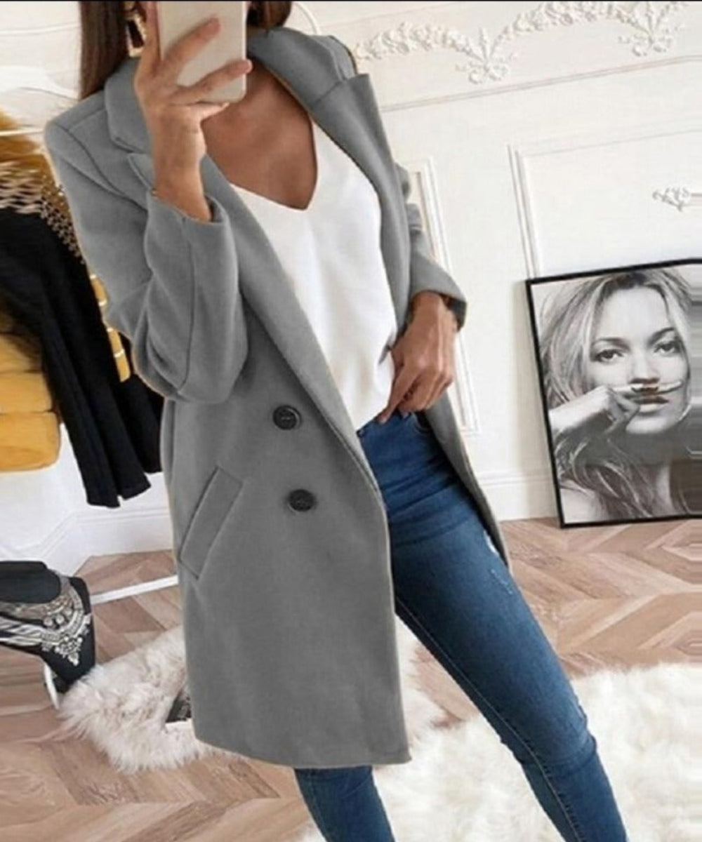 Wool Double Breasted Long Sleeve Coat - Easy Pickins