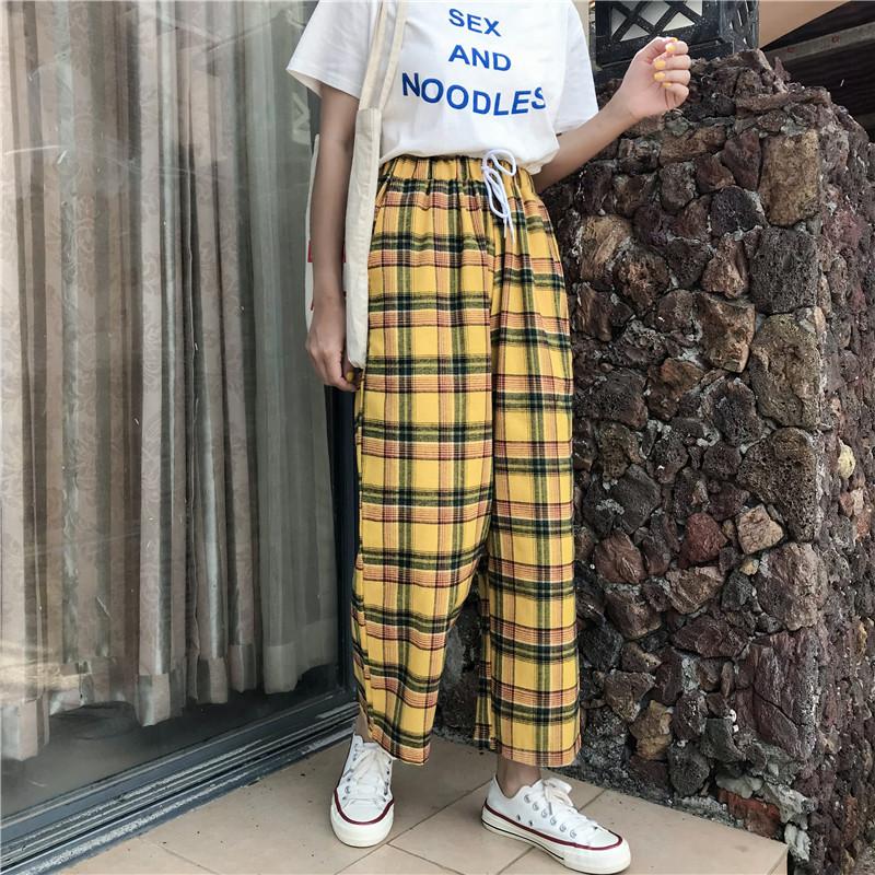 Yellow Plaid Pants Drawstring Loose Wide Leg - Easy Pickins Store