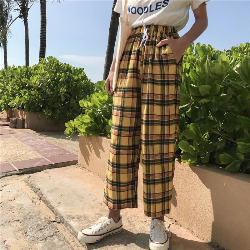 Yellow Plaid Pants Drawstring Loose Wide Leg - Easy Pickins Store