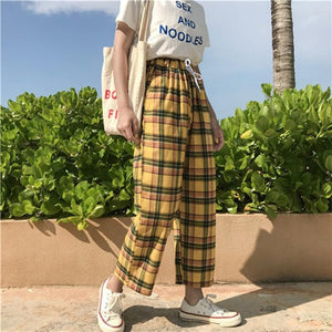 Yellow Plaid Pants Drawstring Loose Wide Leg - Easy Pickins Store