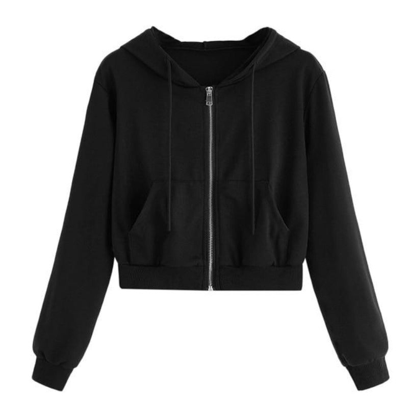 Zip Up Pockets Slim Crop Drawstring Hoodies - Easy Pickins Store